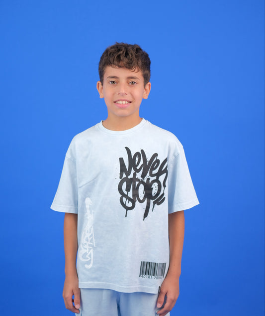 Baby Blue Acid Washed Never stop Tshirt