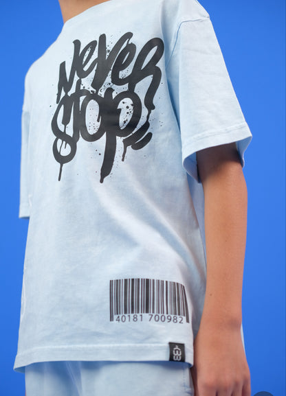Baby Blue Acid Washed Never stop Tshirt
